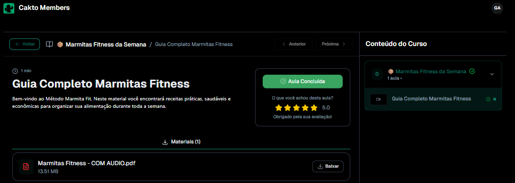 Área de membros Come Bem Come Fit com as receitas e áudio