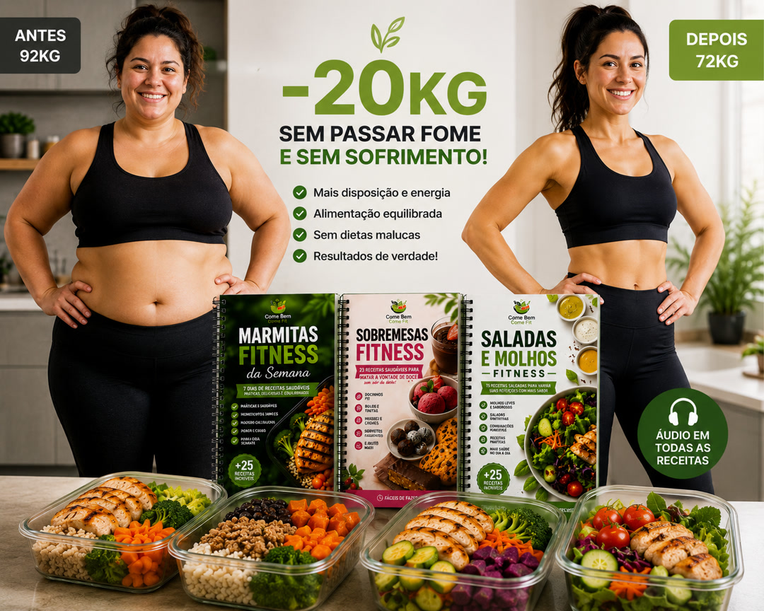 Transformação real com Come Bem Come Fit: marmitas, sobremesas e saladas fitness com áudio em todas as receitas